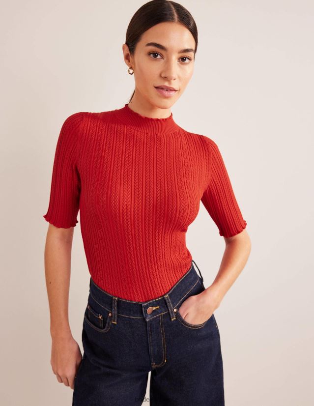 Boden Frauen Geripptes, hochgeschlossenes Pointelle-Top VH86PT1826 Kleidung Tomate