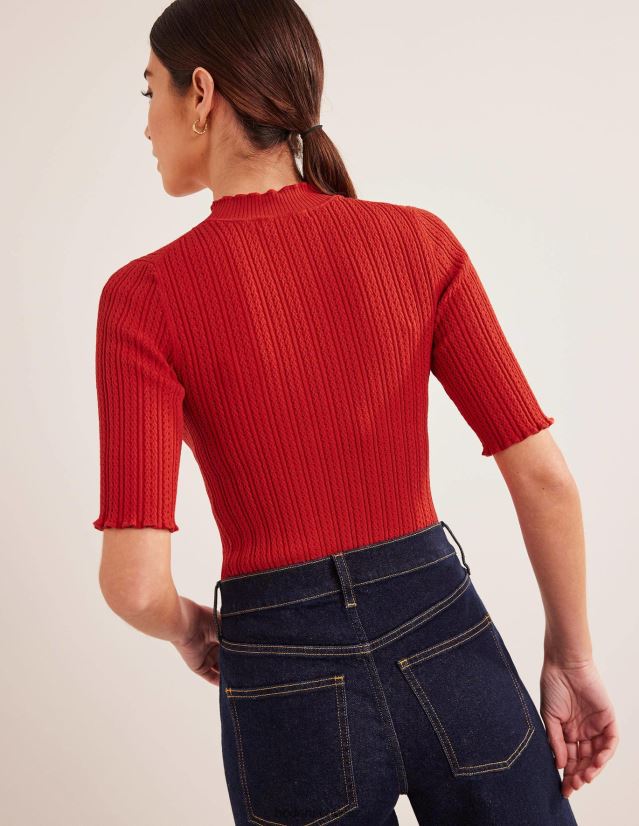 Boden Frauen Geripptes, hochgeschlossenes Pointelle-Top VH86PT1826 Kleidung Tomate