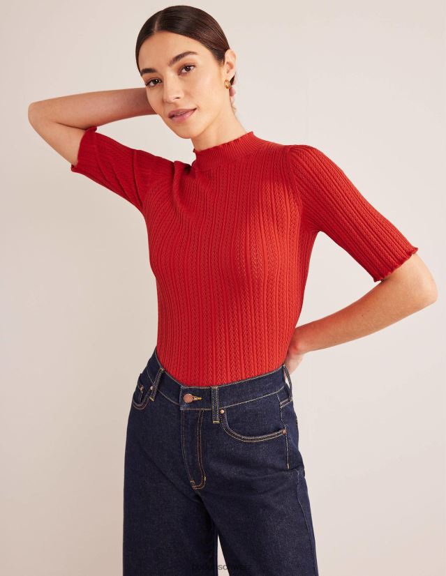 Boden Frauen Geripptes, hochgeschlossenes Pointelle-Top VH86PT1826 Kleidung Tomate