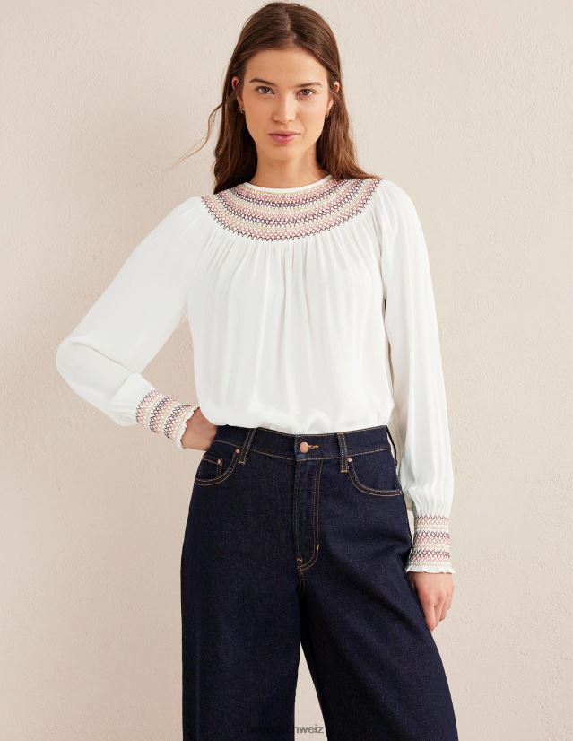 Boden Frauen Gesmoktes Oberteil mit Rundhalsausschnitt VH86PT1406 Kleidung Elfenbein