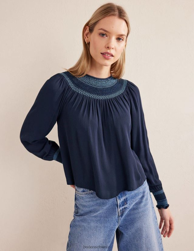 Boden Frauen Gesmoktes Oberteil mit Rundhalsausschnitt VH86PT1706 Kleidung Marine