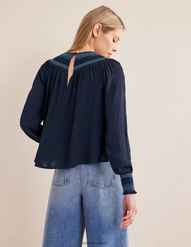 Boden Frauen Gesmoktes Oberteil mit Rundhalsausschnitt VH86PT1706 Kleidung Marine