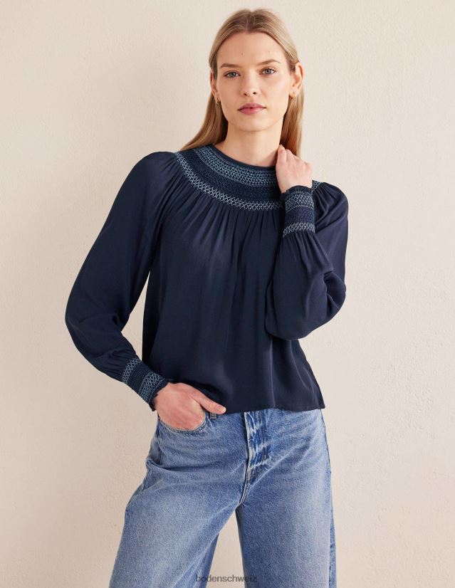 Boden Frauen Gesmoktes Oberteil mit Rundhalsausschnitt VH86PT1706 Kleidung Marine