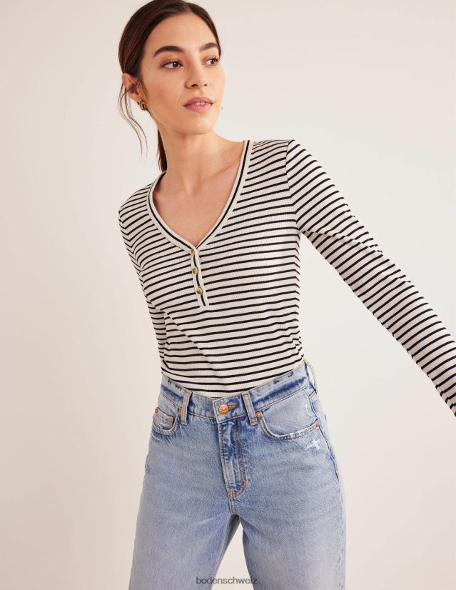 Boden Frauen Gestreifter, gerippter, taillierter Henley VH86PT1571 Kleidung Elfenbein/Marineblau gestreift