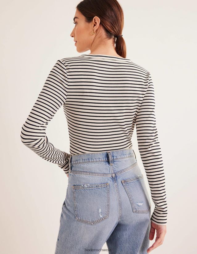 Boden Frauen Gestreifter, gerippter, taillierter Henley VH86PT1571 Kleidung Elfenbein/Marineblau gestreift