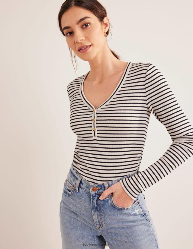 Boden Frauen Gestreifter, gerippter, taillierter Henley VH86PT1571 Kleidung Elfenbein/Marineblau gestreift