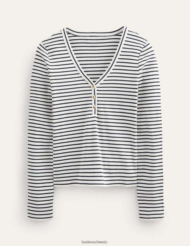 Boden Frauen Gestreifter, gerippter, taillierter Henley VH86PT1571 Kleidung Elfenbein/Marineblau gestreift