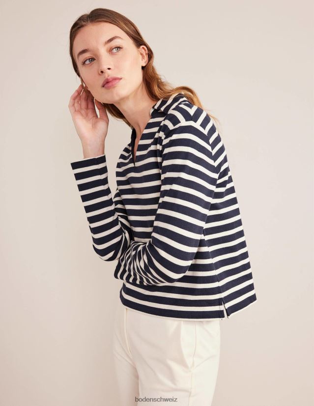 Boden Frauen Gestreiftes Oberteil mit eingekerbtem Kragen VH86PT1565 Kleidung Marine/Elfenbein gestreift