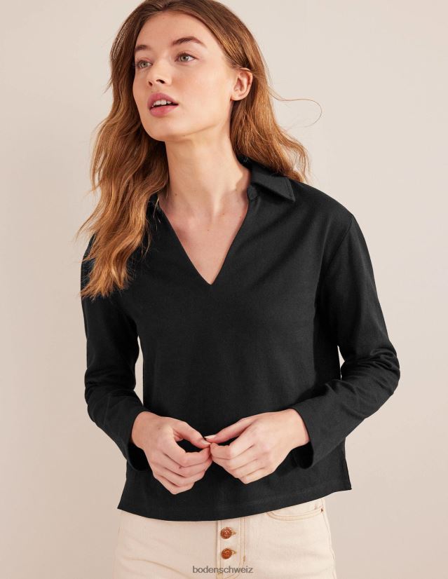 Boden Frauen Gestreiftes Oberteil mit eingekerbtem Kragen VH86PT2531 Kleidung Schwarz