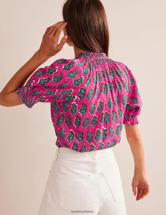 Boden Frauen Hübsches Oberteil mit gesmoktem Detail VH86PT2193 Kleidung Festival-Rosa und Kunsthandwerkerblüte