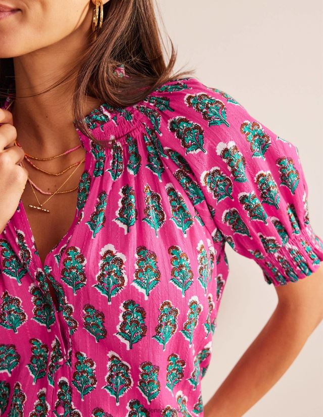 Boden Frauen Hübsches Oberteil mit gesmoktem Detail VH86PT2193 Kleidung Festival-Rosa und Kunsthandwerkerblüte