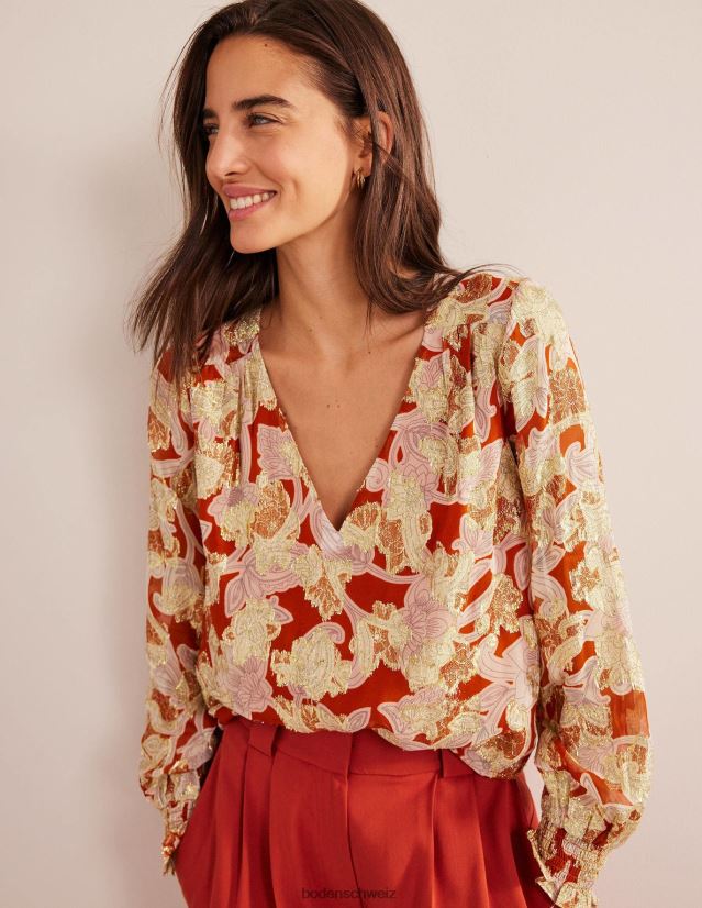Boden Frauen Jacquard-Oberteil mit V-Ausschnitt VH86PT1710 Kleidung Rost und Paisley-Wirbel