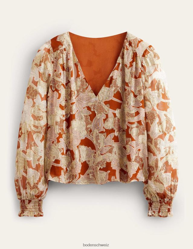 Boden Frauen Jacquard-Oberteil mit V-Ausschnitt VH86PT1710 Kleidung Rost und Paisley-Wirbel