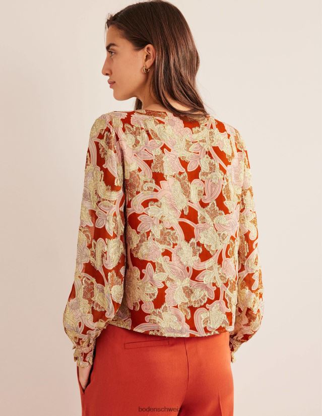 Boden Frauen Jacquard-Oberteil mit V-Ausschnitt VH86PT1710 Kleidung Rost und Paisley-Wirbel