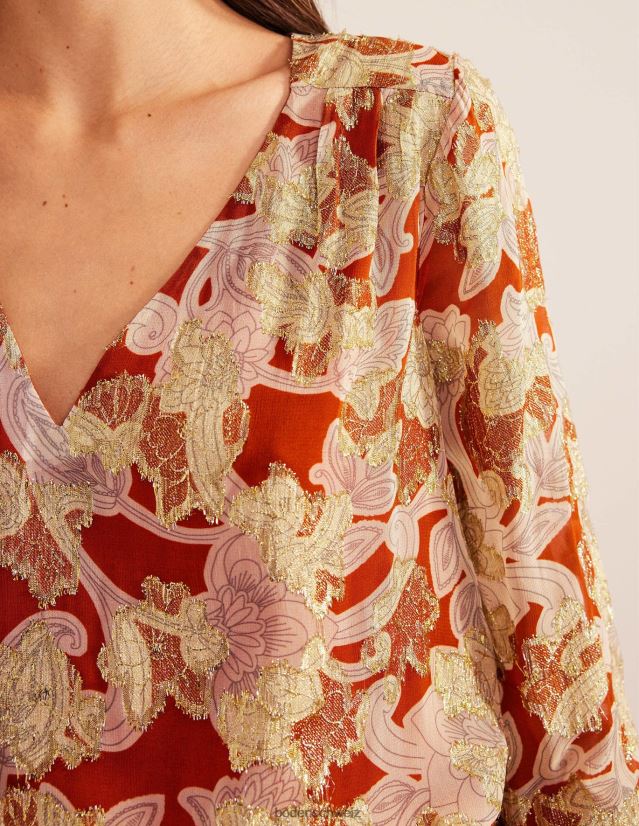 Boden Frauen Jacquard-Oberteil mit V-Ausschnitt VH86PT1710 Kleidung Rost und Paisley-Wirbel