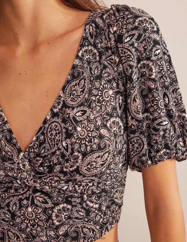 Boden Frauen Kurzes Oberteil mit Twist-Detail VH86PT1875 Kleidung Schwarz-Paisley-Terrasse