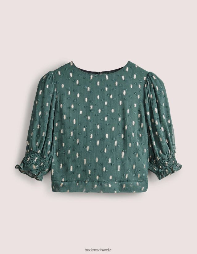 Boden Frauen Kurzes, gesmoktes Oberteil in Metallic-Optik VH86PT1888 Kleidung tiefer Wald und goldener Clip