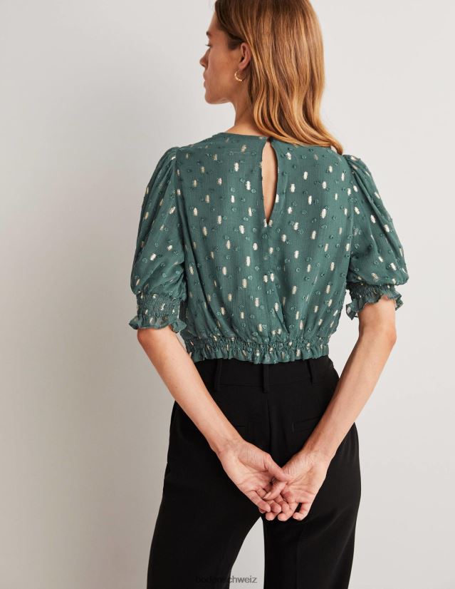 Boden Frauen Kurzes, gesmoktes Oberteil in Metallic-Optik VH86PT1888 Kleidung tiefer Wald und goldener Clip