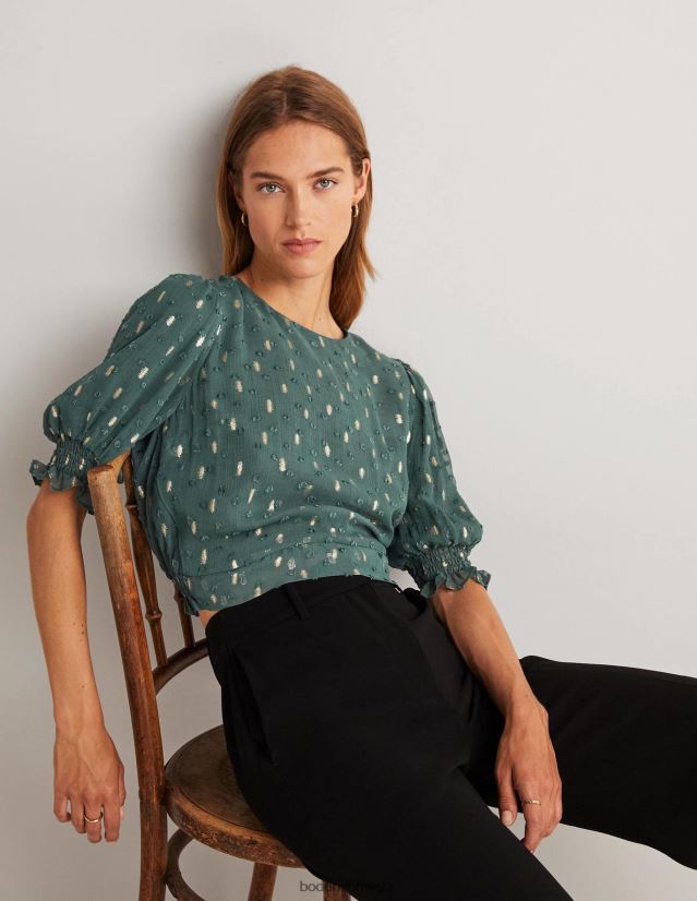 Boden Frauen Kurzes, gesmoktes Oberteil in Metallic-Optik VH86PT1888 Kleidung tiefer Wald und goldener Clip