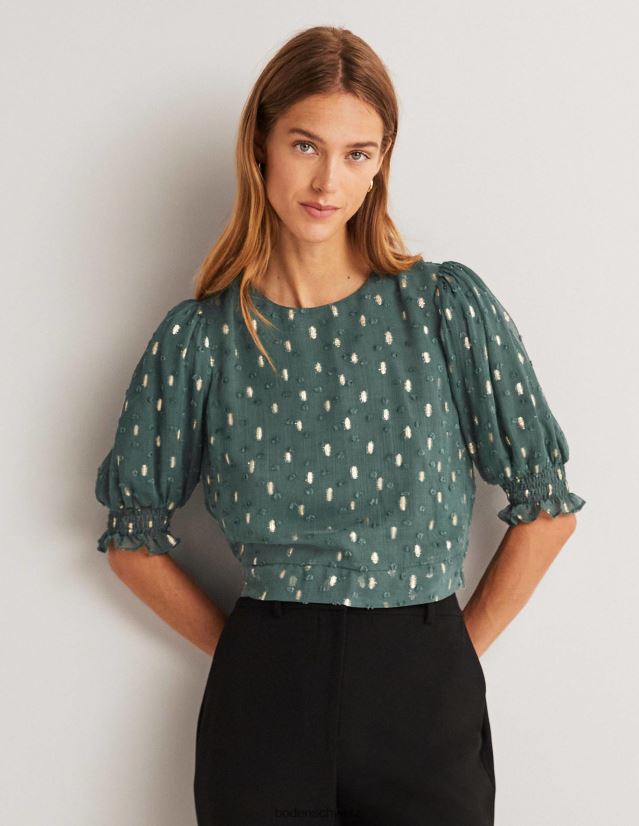 Boden Frauen Kurzes, gesmoktes Oberteil in Metallic-Optik VH86PT1888 Kleidung tiefer Wald und goldener Clip