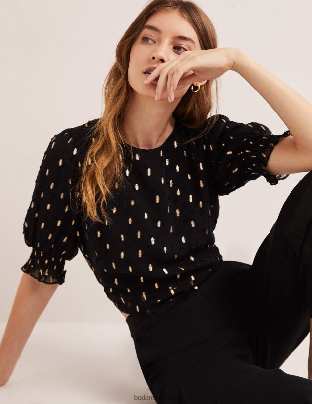 Boden Frauen Kurzes, gesmoktes Oberteil in Metallic-Optik VH86PT2006 Kleidung schwarz-goldener Clip