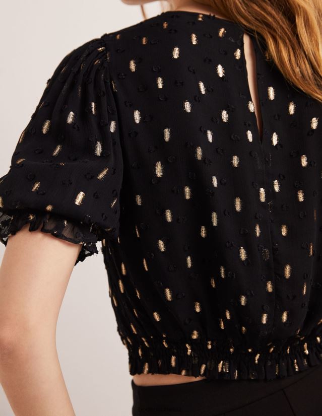 Boden Frauen Kurzes, gesmoktes Oberteil in Metallic-Optik VH86PT2006 Kleidung schwarz-goldener Clip