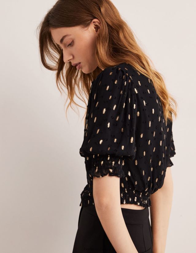 Boden Frauen Kurzes, gesmoktes Oberteil in Metallic-Optik VH86PT2006 Kleidung schwarz-goldener Clip