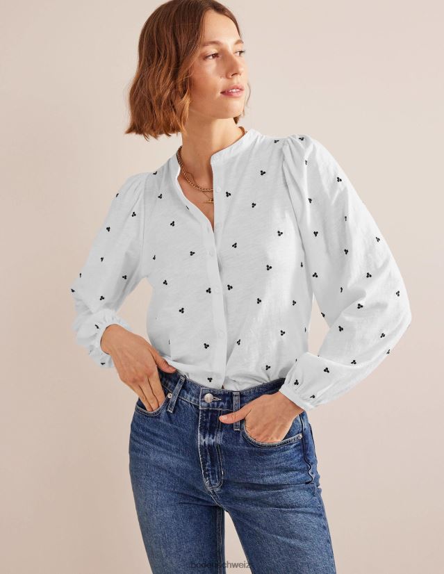 Boden Frauen Langarm-Oberteil mit Stickerei VH86PT1464 Kleidung weiße und blaue Stickerei