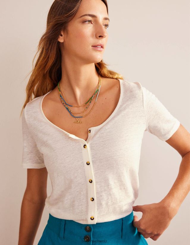 Boden Frauen Leinen-T-Shirt mit U-Ausschnitt VH86PT1032 Kleidung Elfenbein