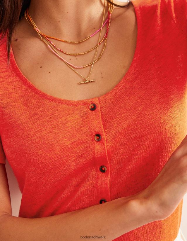 Boden Frauen Leinen-T-Shirt mit U-Ausschnitt VH86PT2275 Kleidung Blutorange