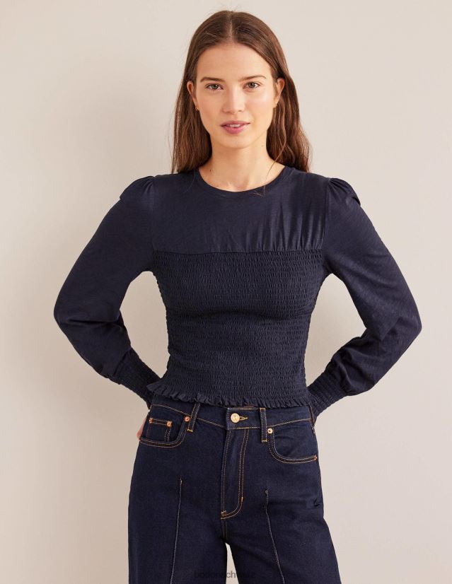 Boden Frauen Oberteil aus Baumwolle mit gesmoktem Oberteil VH86PT1663 Kleidung Marine