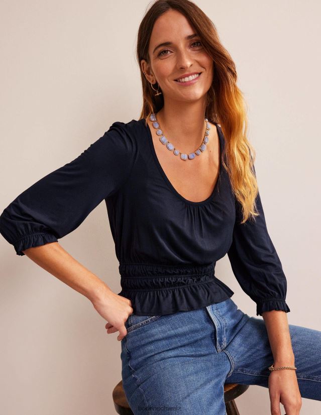 Boden Frauen Oberteil aus gesmoktem Jersey mit Schößchen VH86PT103 Kleidung Marine