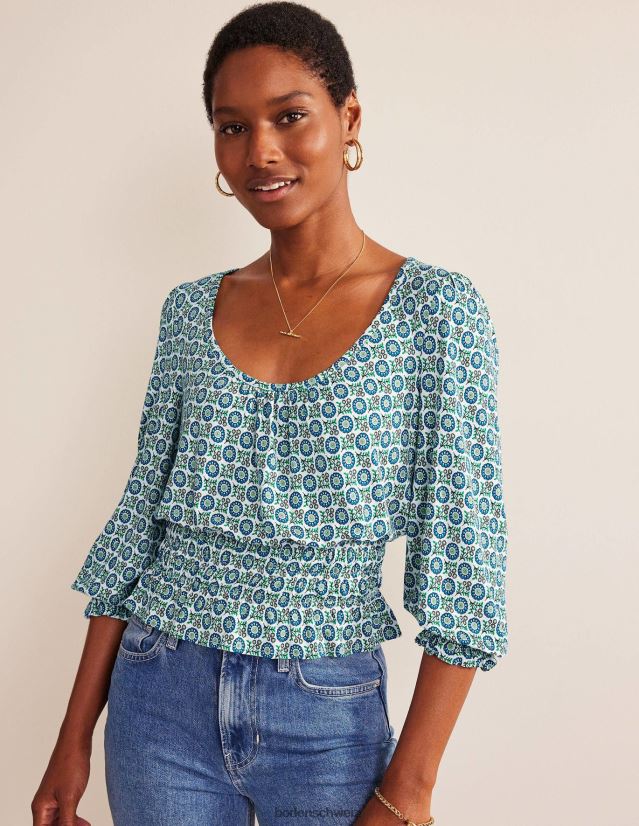 Boden Frauen Oberteil aus gesmoktem Jersey mit Schößchen VH86PT110 Kleidung Ägäisblau und Sonnenblumenfrühling