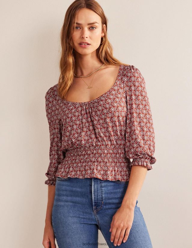 Boden Frauen Oberteil aus gesmoktem Jersey mit Schößchen VH86PT94 Kleidung Tomaten- und Sonnenblumenfrühling