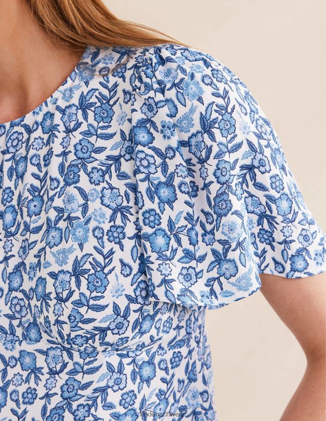 Boden Frauen Oberteil mit Flatterärmeln VH86PT2249 Kleidung Porzellanblau und Stiefmütterchenblüte