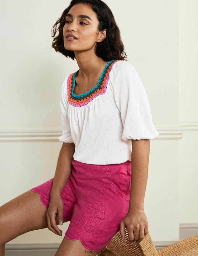 Boden Frauen Oberteil mit Häkelbesatz und Puffärmeln VH86PT2217 Kleidung Weiß