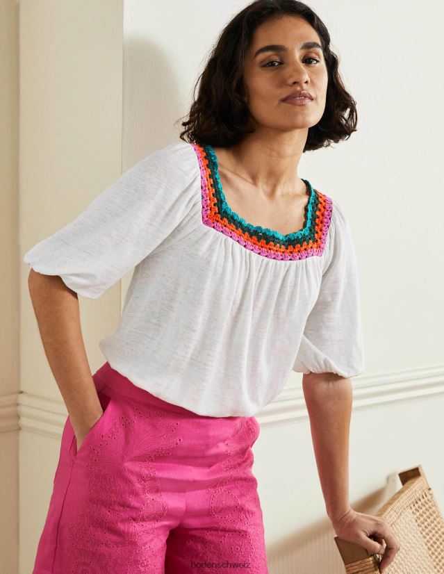 Boden Frauen Oberteil mit Häkelbesatz und Puffärmeln VH86PT2217 Kleidung Weiß