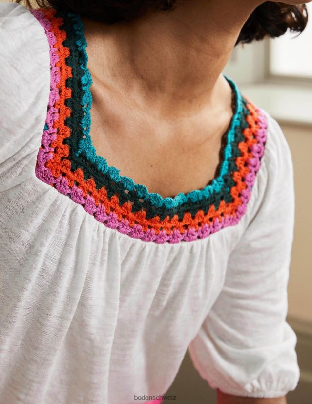 Boden Frauen Oberteil mit Häkelbesatz und Puffärmeln VH86PT2217 Kleidung Weiß