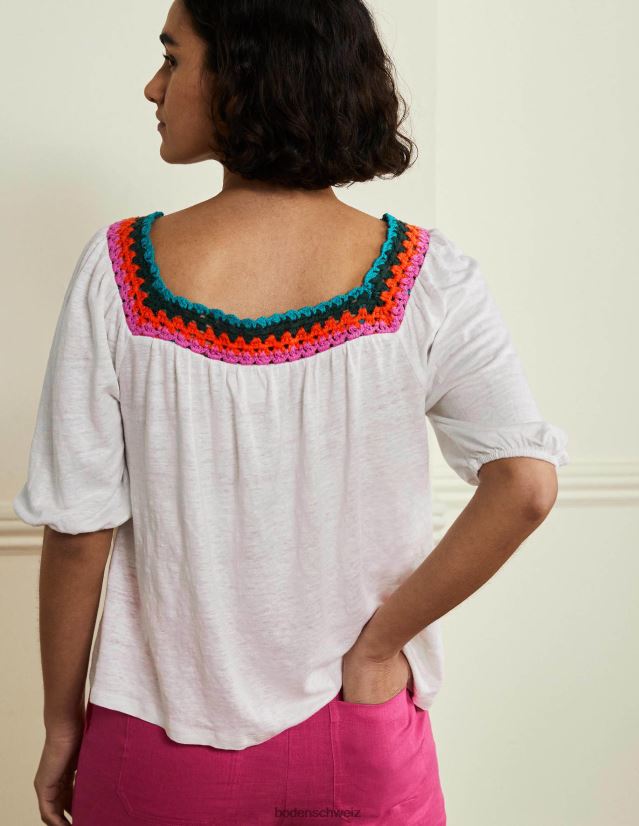 Boden Frauen Oberteil mit Häkelbesatz und Puffärmeln VH86PT2217 Kleidung Weiß