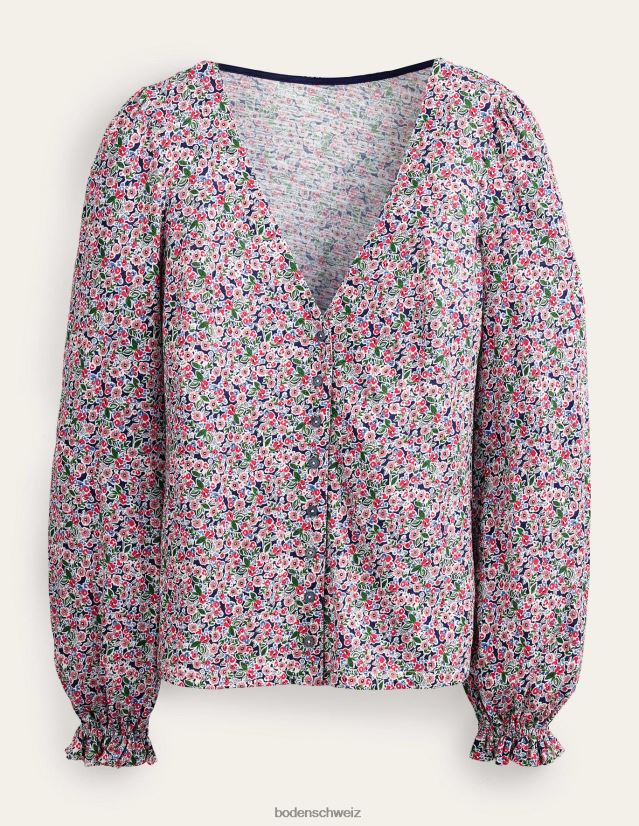 Boden Frauen Oberteil mit Knopfleiste vorne und V-Ausschnitt VH86PT1705 Kleidung Toile mit mehreren und Blütenblättern