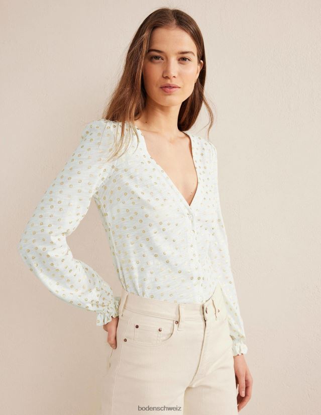 Boden Frauen Oberteil mit Knopfleiste vorne und V-Ausschnitt VH86PT2077 Kleidung Elfenbein und Blumenpunkt