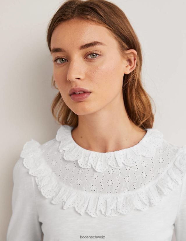 Boden Frauen Oberteil mit Rüschen an der Passe und Stickerei VH86PT2174 Kleidung Weiß