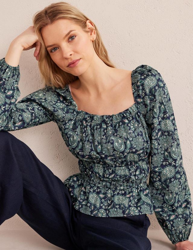 Boden Frauen Oberteil mit geraffter Taille und Schößchen VH86PT1747 Kleidung Tiefsee- und Paisley-Terrasse
