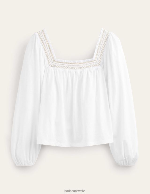 Boden Frauen Oberteil mit gesmoktem Detail und quadratischem Ausschnitt VH86PT1274 Kleidung Weiß- und Goldmetallic