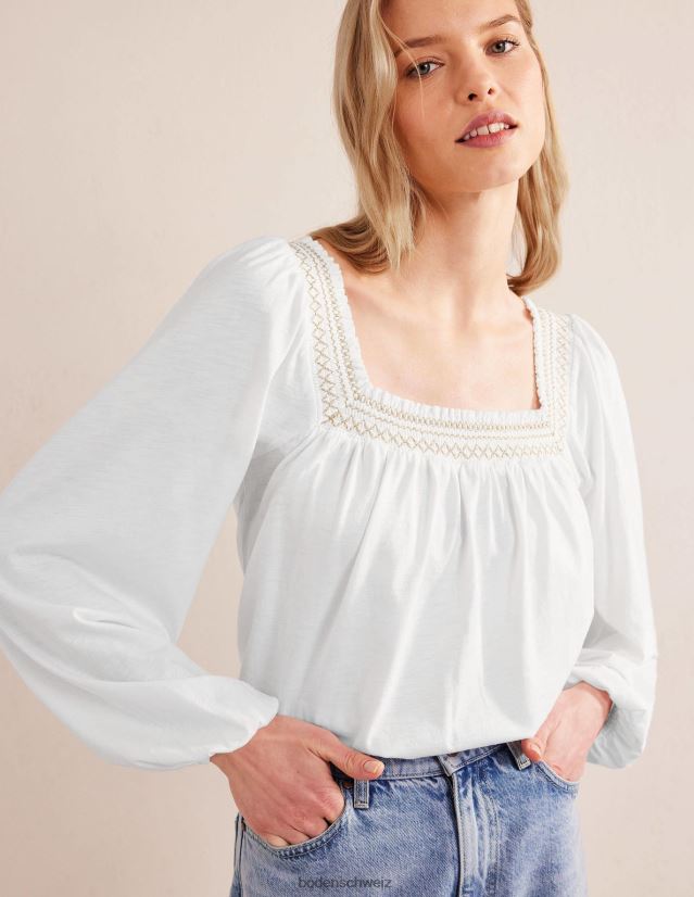 Boden Frauen Oberteil mit gesmoktem Detail und quadratischem Ausschnitt VH86PT1274 Kleidung Weiß- und Goldmetallic