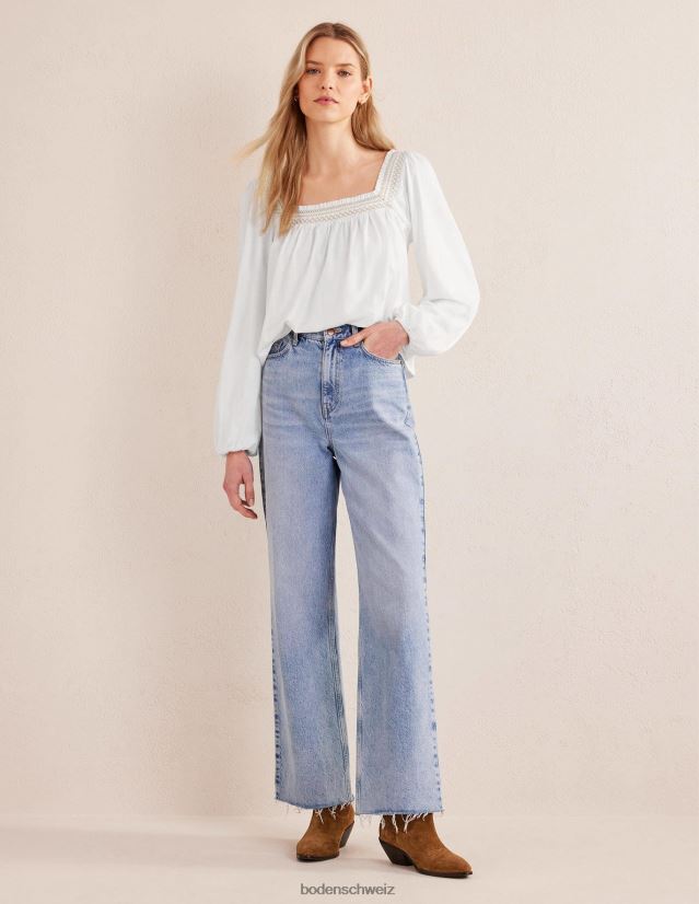 Boden Frauen Oberteil mit gesmoktem Detail und quadratischem Ausschnitt VH86PT1274 Kleidung Weiß- und Goldmetallic