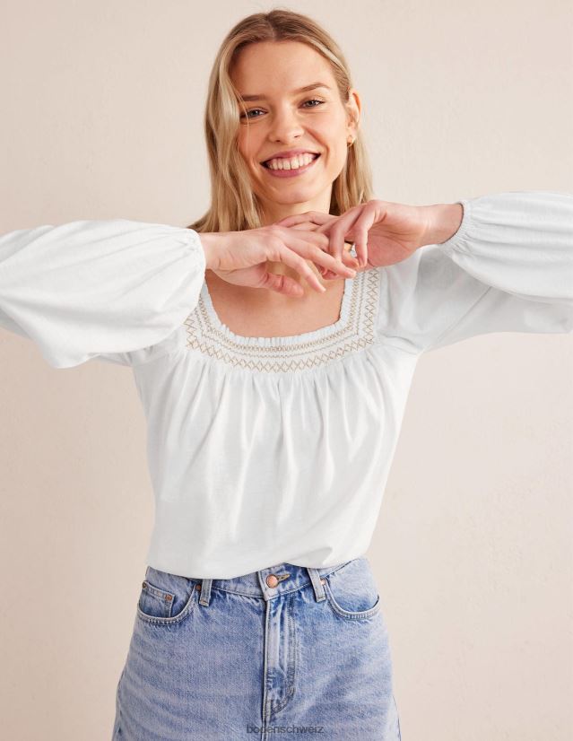 Boden Frauen Oberteil mit gesmoktem Detail und quadratischem Ausschnitt VH86PT1274 Kleidung Weiß- und Goldmetallic