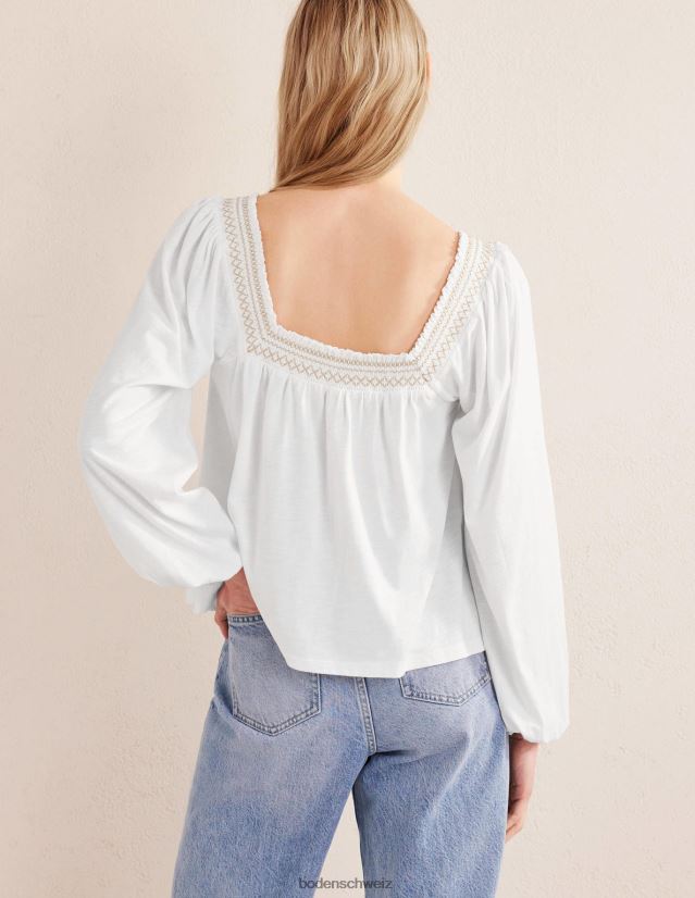 Boden Frauen Oberteil mit gesmoktem Detail und quadratischem Ausschnitt VH86PT1274 Kleidung Weiß- und Goldmetallic