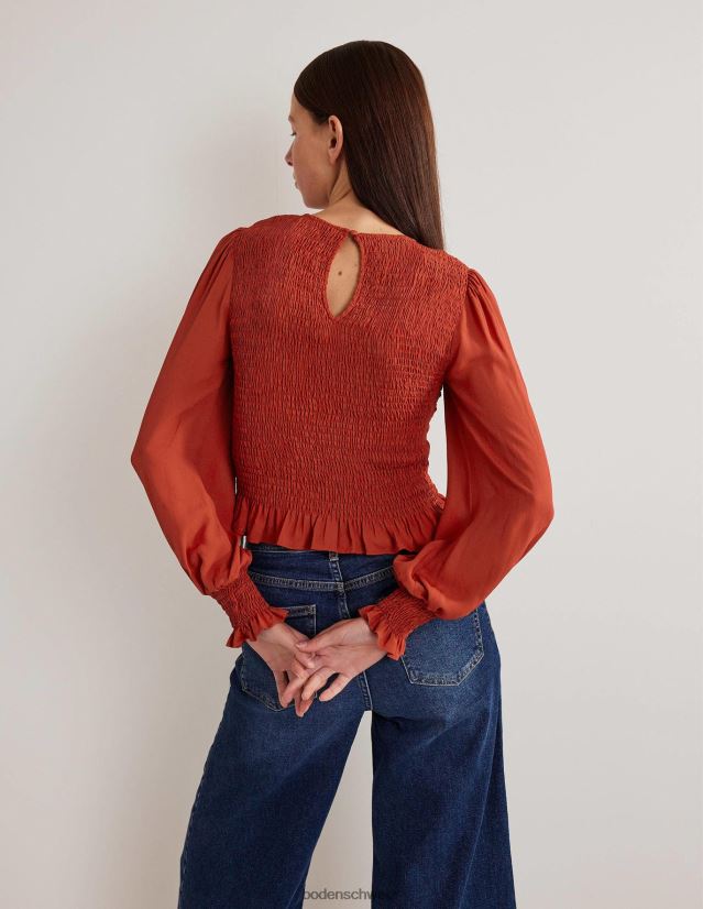 Boden Frauen Oberteil mit gesmoktem Oberteil und Rundhalsausschnitt VH86PT1982 Kleidung Chili-Öl