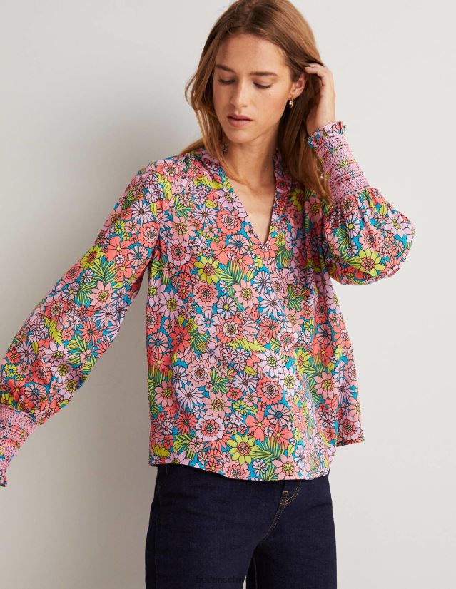 Boden Frauen Oberteil mit gesmokten Bündchen und Print VH86PT1991 Kleidung Bonbon-Rosa- und Blütengarten